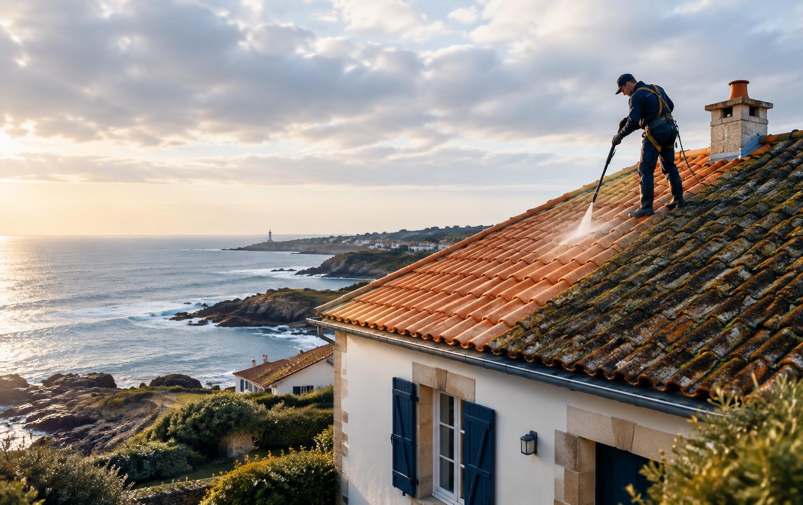 Professionnel nettoyant la toiture en tuiles d’une maison de la côte Atlantique